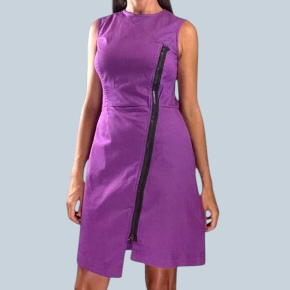 W BY WORTH COTTON CANVAS PURPLE FRONT ZIPPER SHEATH DRESS - Picture 2 of 9